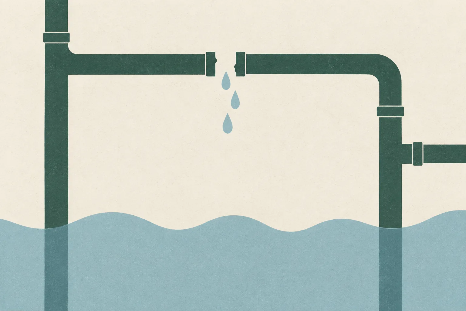 A sparse abstract line diagram of residential plumbing above a soft, shallow waterline, with a small interruption in the flow pattern.