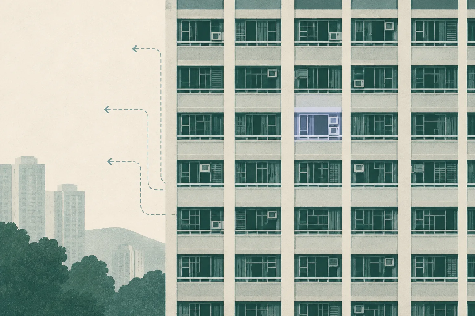 A simple apartment-block grid in muted green and cream, with one softly shaded window and a few fine route lines beside the building.