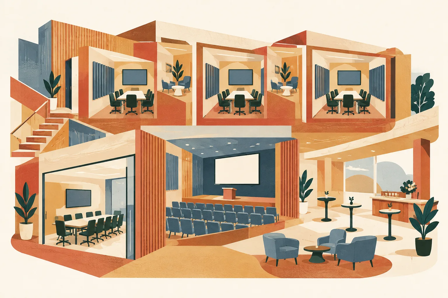 Layered terracotta and cream room forms show three arbitration suites alongside smaller breakout spaces and shared meeting areas, with simple screen shapes suggesting audiovisual equipment.