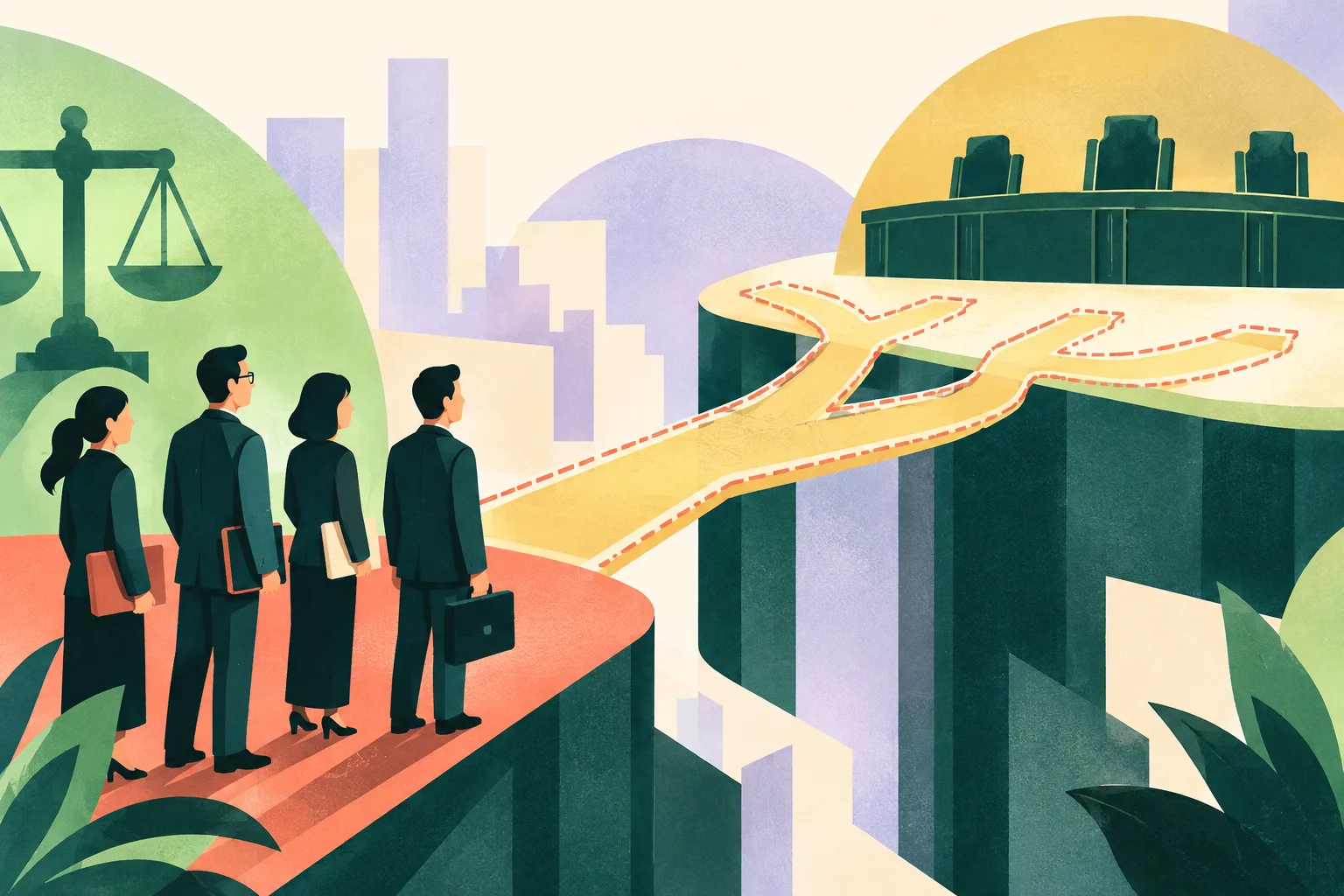 An abstract branching pathway leads from a cluster of legal-profession tokens toward a wider open selection space, with the proposed connection outlined but not completed.