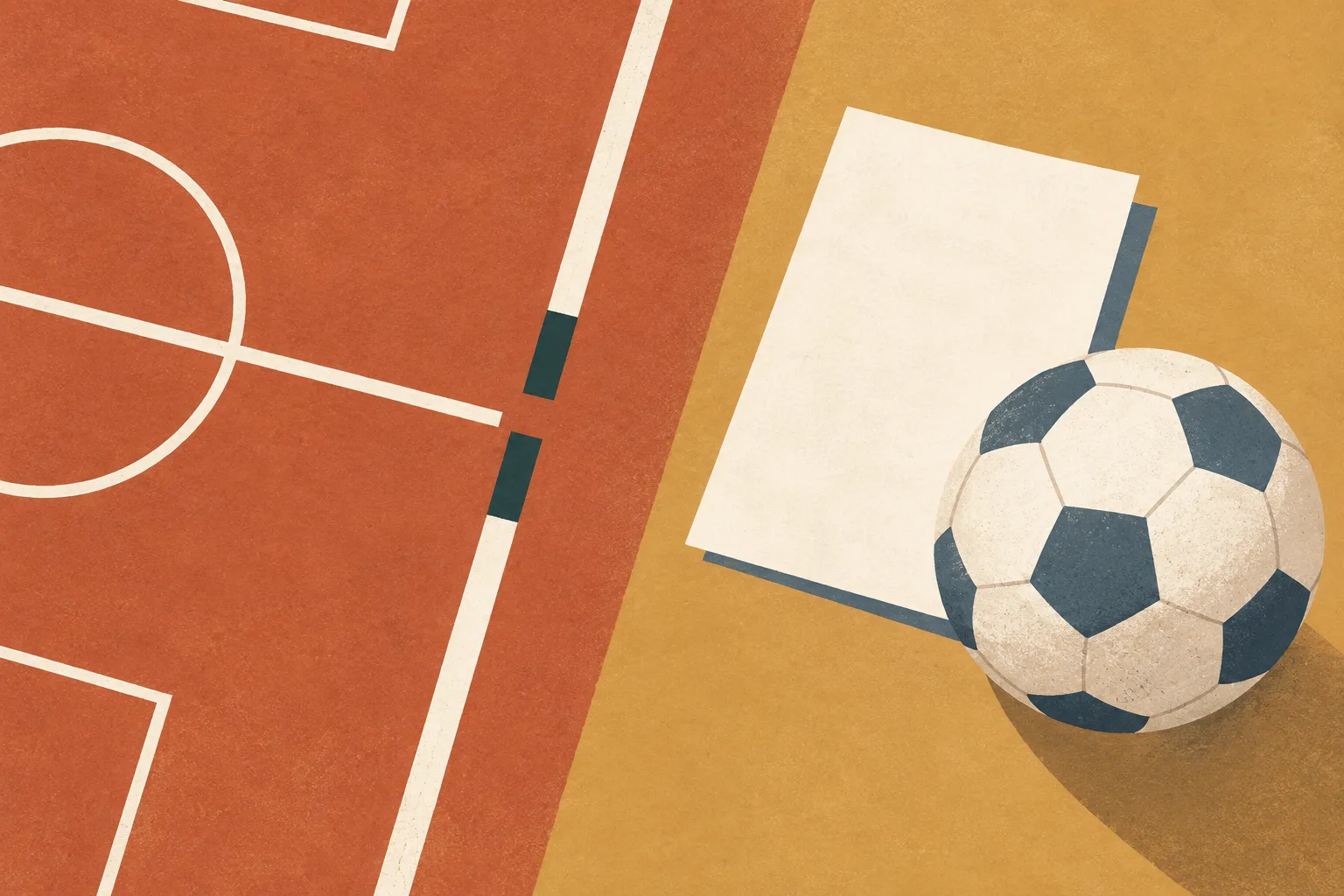 A generic football sits beside a blank notice on a cream surface, with simplified pitch lines ending at a small boundary.