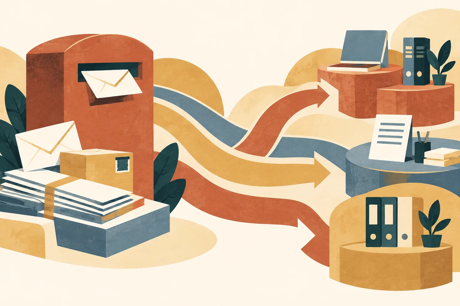 Abstract postal forms connect by layered terracotta, ochre and slate-blue bands to simple civic-service blocks.