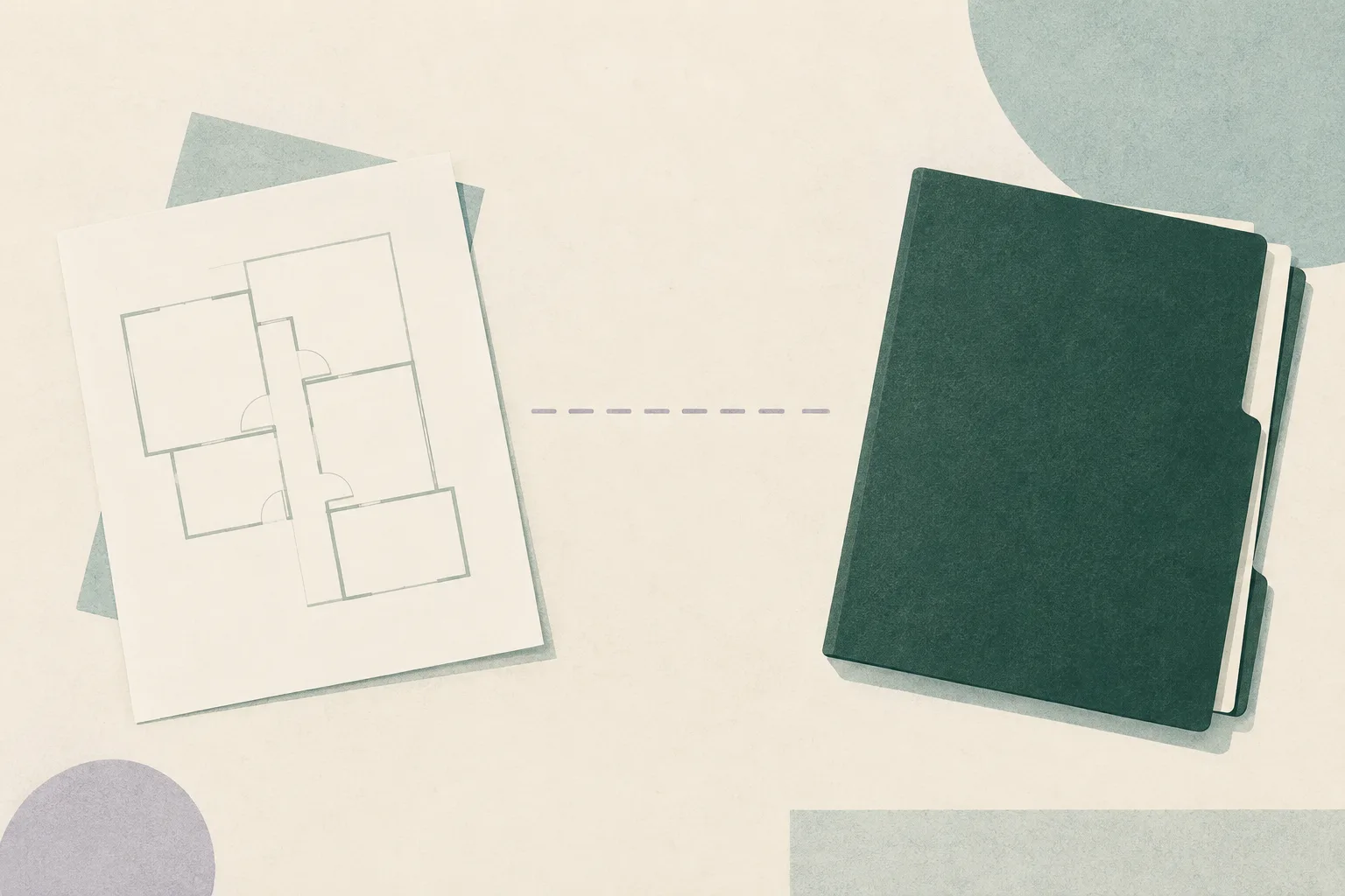 A blank property-plan sheet and a closed, unmarked folder lie apart on a pale green ground, with a fine interrupted line between them.