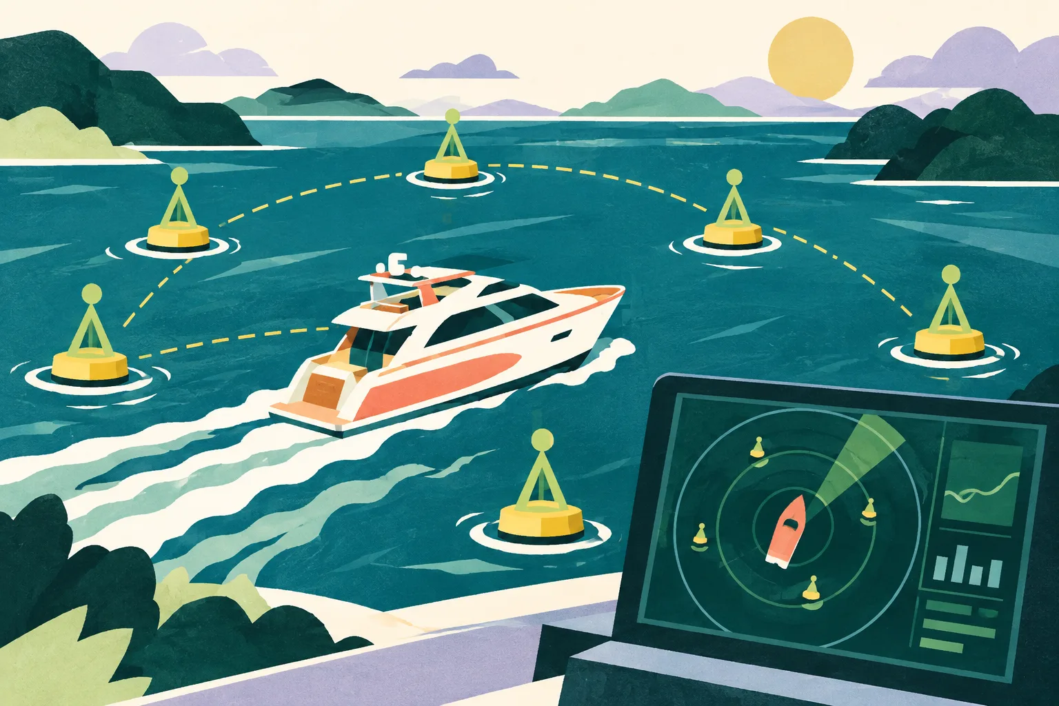 A simplified yacht moves between five abstract anchorage markers beside a compact monitoring-screen motif, arranged in a bright cut-paper marine diagram.