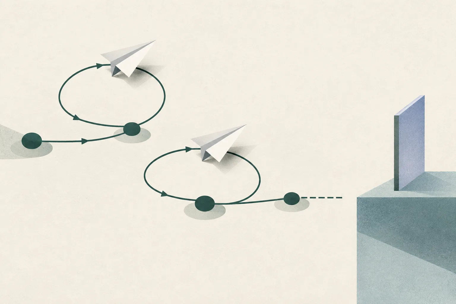 Blank paper planes and fine lines form a review path that loops back twice and stops before an open threshold.