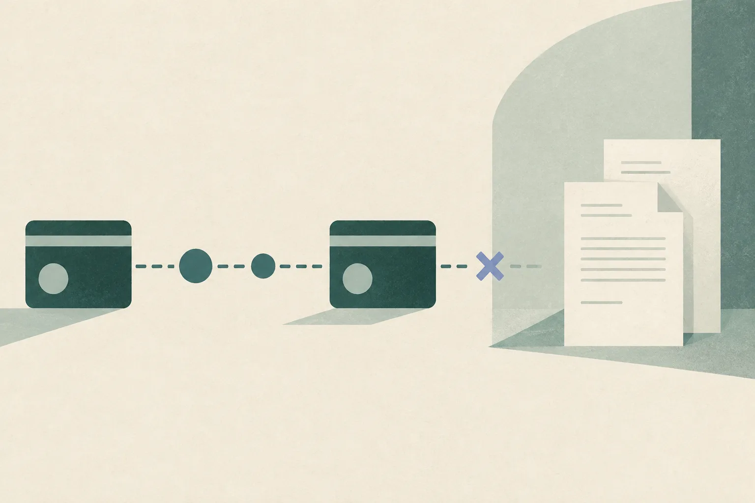 A few pale, unmarked document shapes sit beside a simple account-to-account route that ends at an open gap.