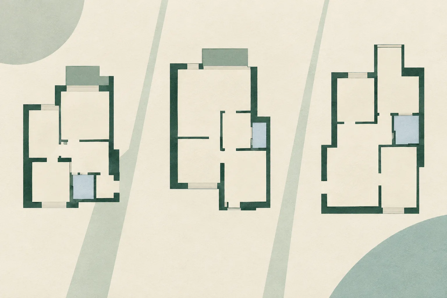 Three simple, subdivided plan shapes sit apart on a pale ground, separated by broad areas of open space and a subtle boundary.