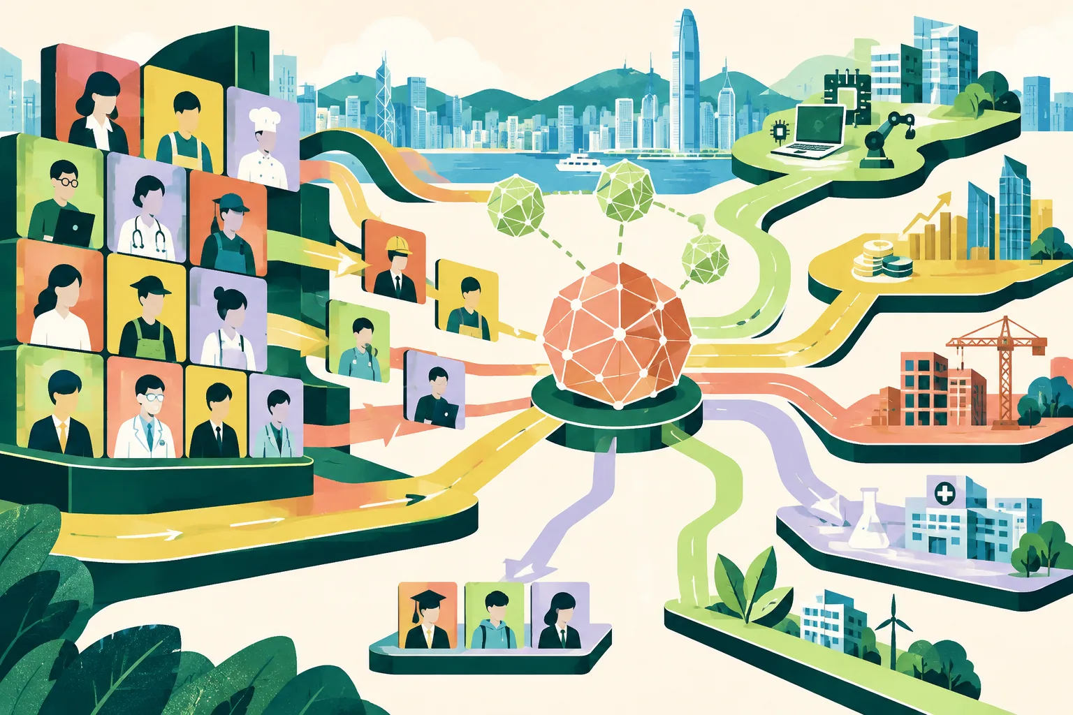 A colourful diagram of job tiles branching along connected pathways, with some tiles shifting into new arrangements around simple geometric nodes.