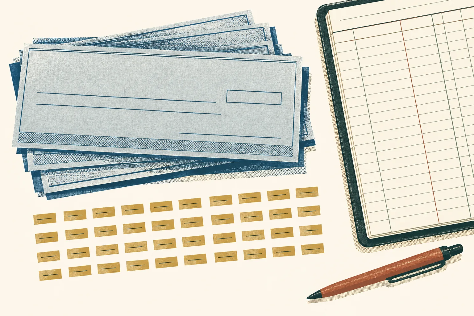 Unmarked cheque forms and a plain ledger arranged on a cream surface, with a neat sequence of small blue marks beside them.