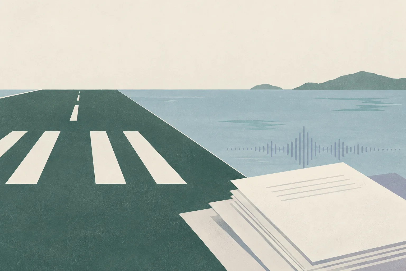 Abstract runway markings meet a calm sea-colored plane, with unmarked document shapes and fine sound-spectrum lines nearby.