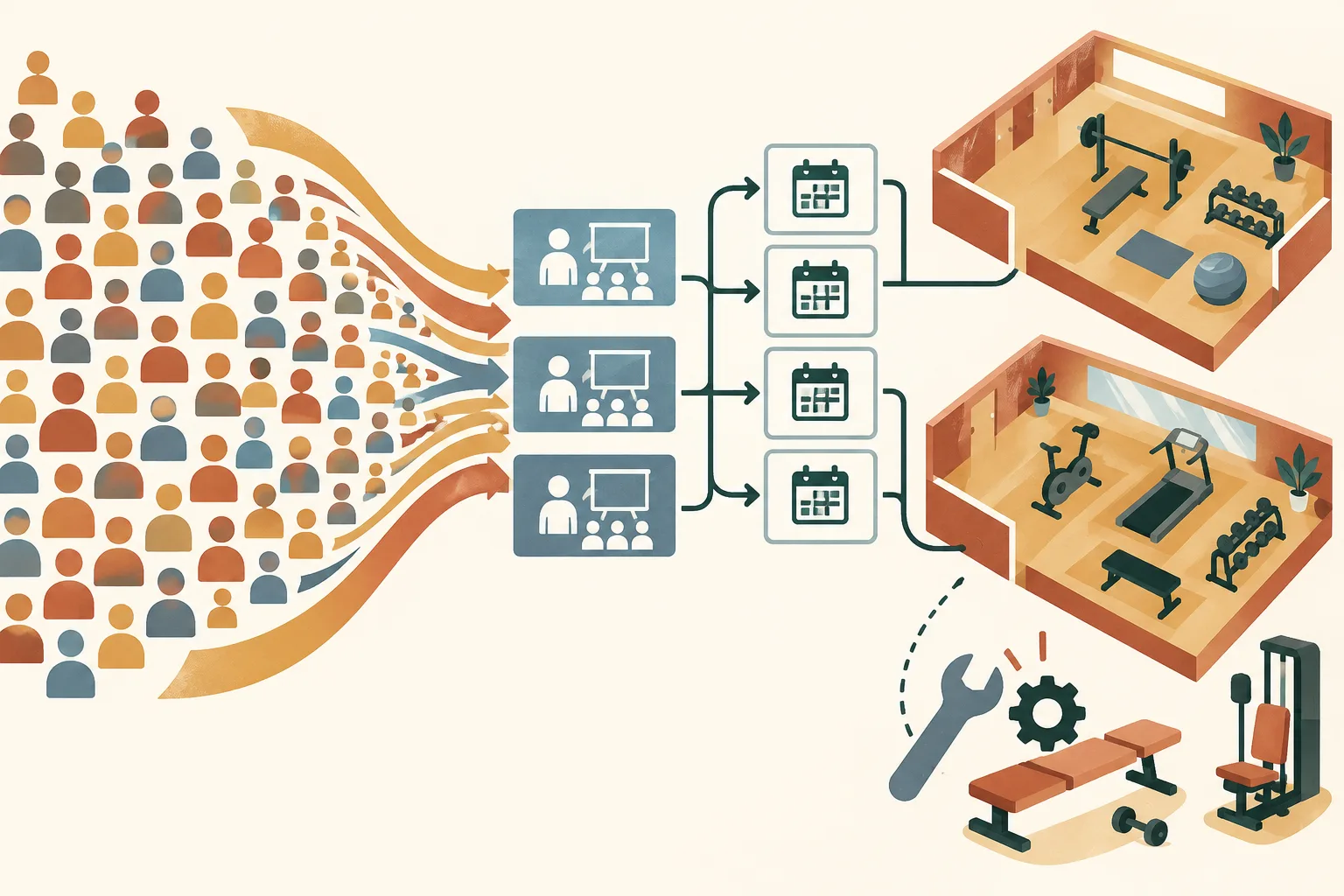 A terracotta and ochre diagram links a generic fitness-room floor plan to a crowded flow of course-place tiles and a tidy grid of booking slots.