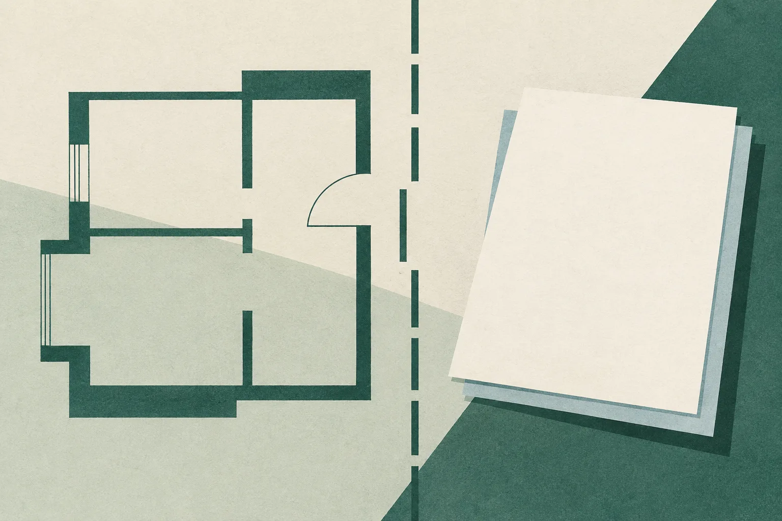 A sparse cream field with a muted teal plan-like shape, a separate paper-like rectangle, and a fine interrupted boundary between them.