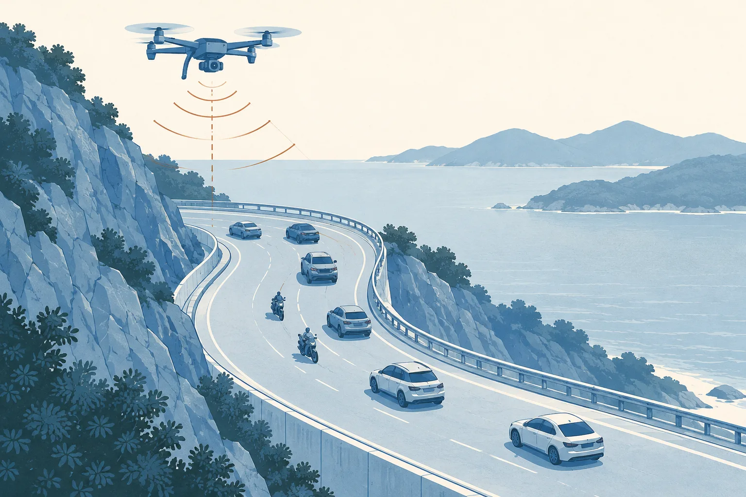 A simplified curved road sits beneath a small drone, with several neutral vehicle symbols arranged along the road and fine observation arcs between them.
