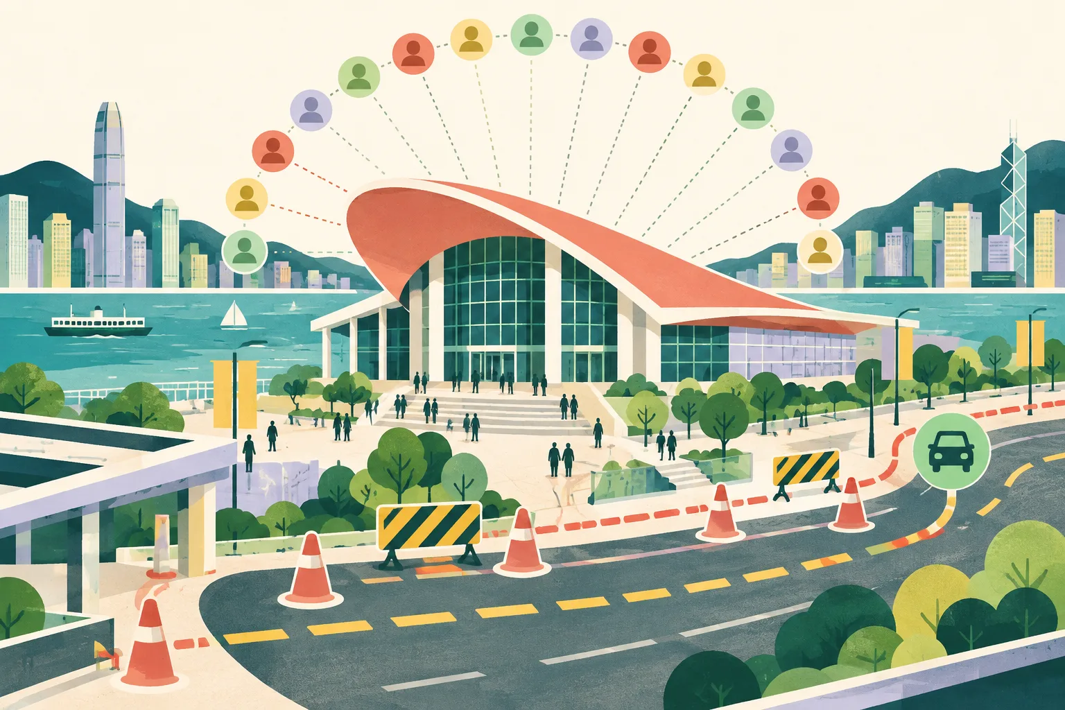 An abstract convention pavilion sits among geometric city and harbour shapes, linked to a ring of small circles, with a short interrupted route line nearby.