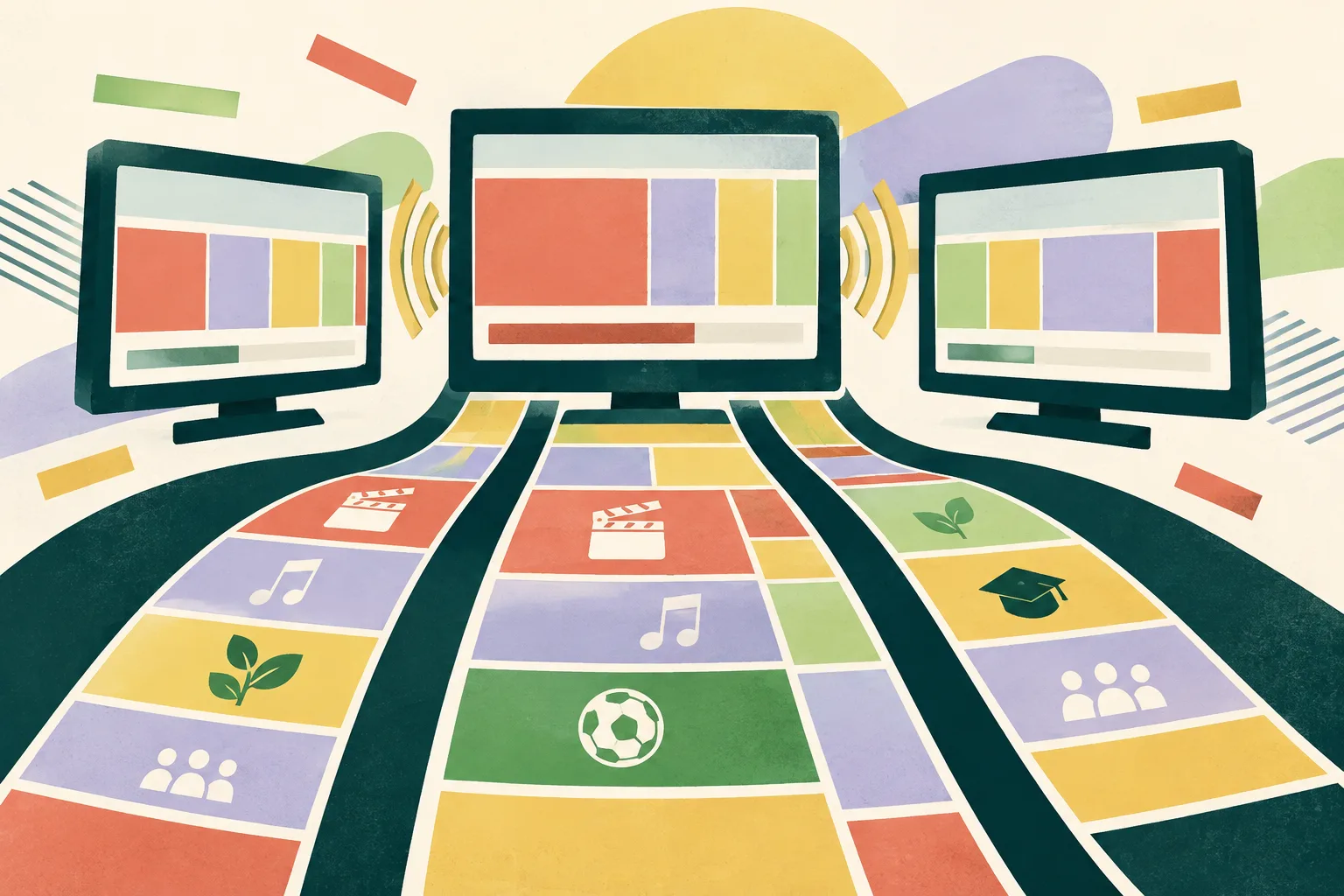 Three overlapping television-screen shapes are connected by curved broadcast waves. Segmented colour bands and a rearranged grid sit inside the screens against a light background.