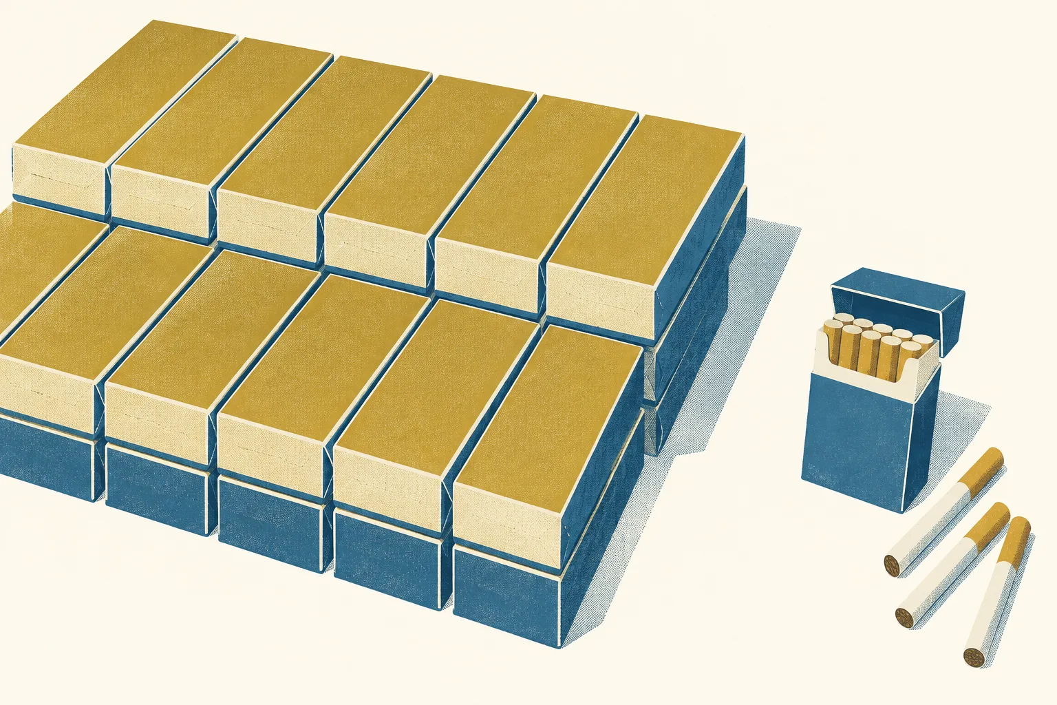 Unmarked cigarette cartons and several loose cigarette forms arranged in contrasting groups on a cream surface, in petrol blue with subtle ochre and rust accents.