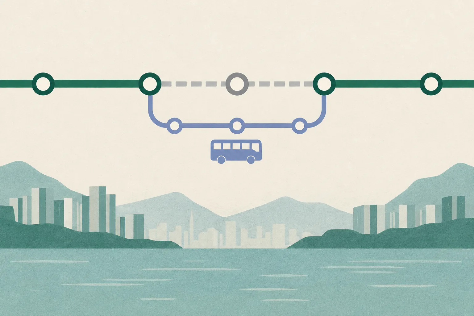 A minimal transit diagram shows a rail line interrupted at one station node, with a separate route connecting the stations around the gap.