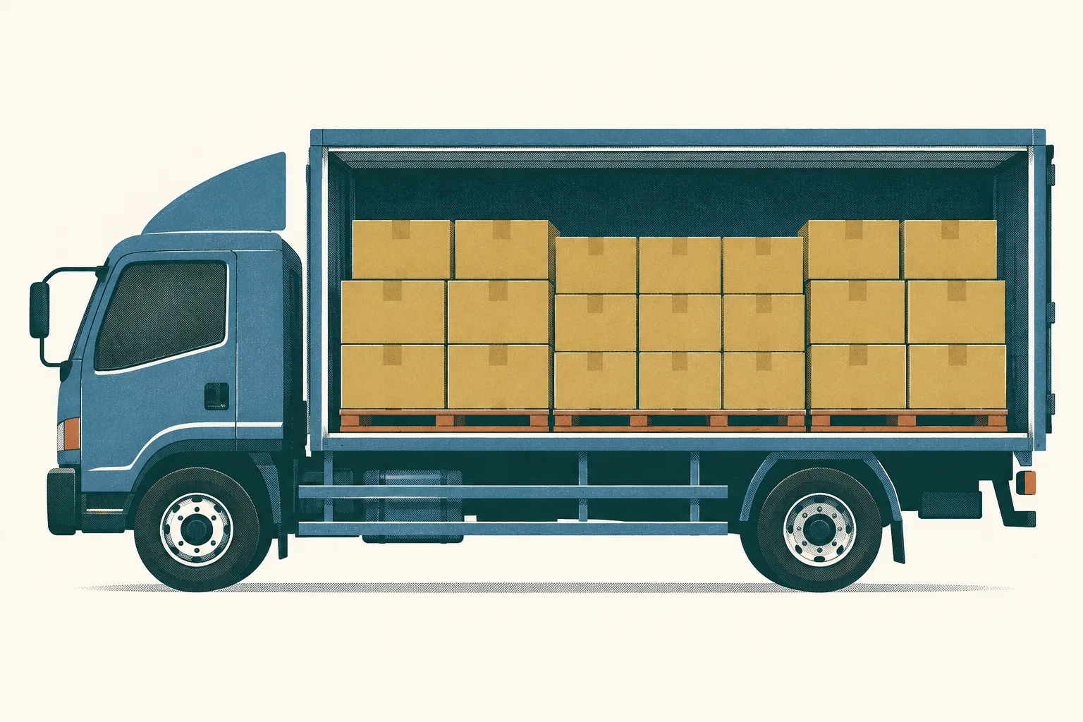 A generic goods truck in side view with its cargo area filled with neat, unmarked cartons, illustrated in petrol blue and ochre on a light cream background.