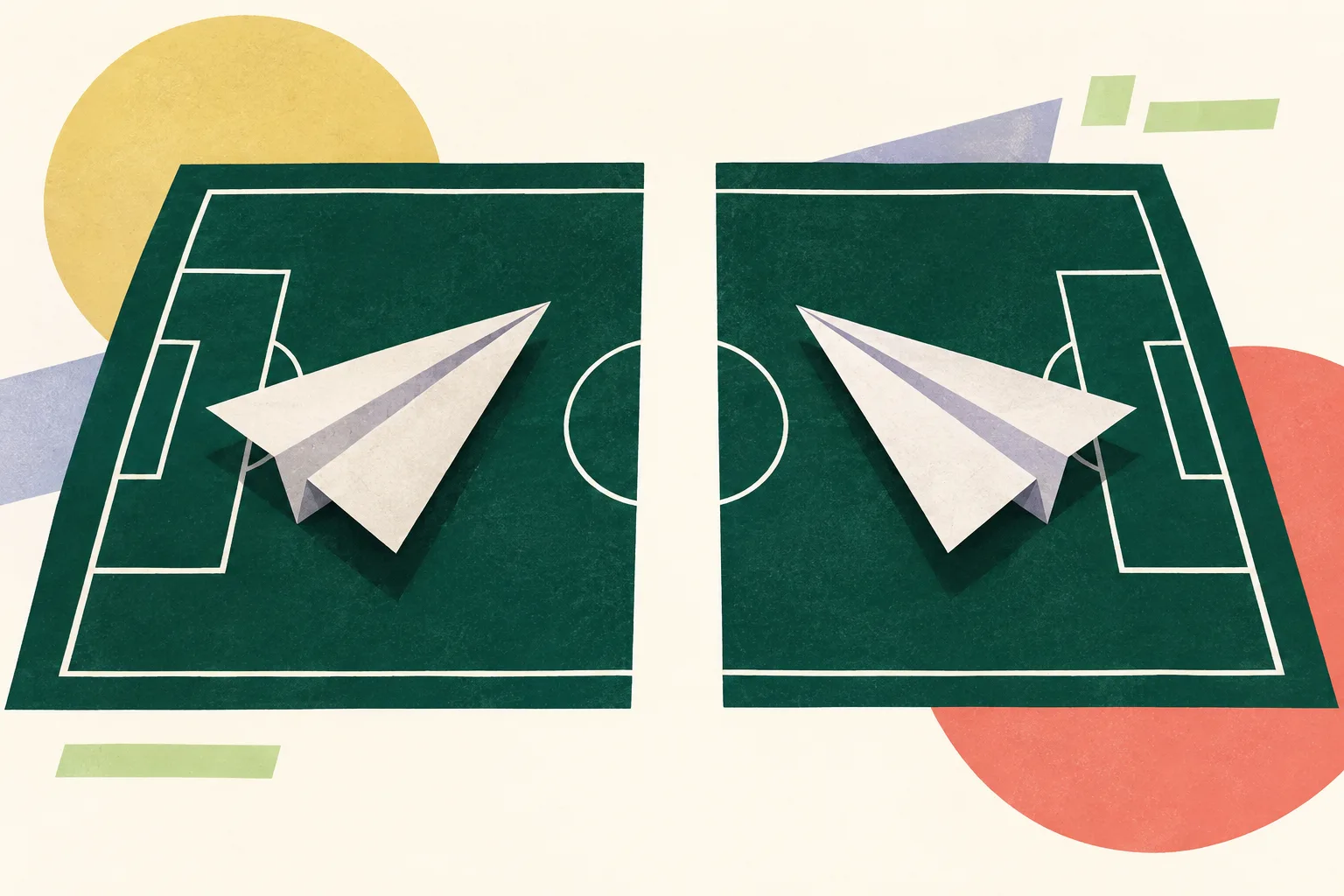 A simplified football-field outline is divided by an open gap, with two plain paper shapes set apart on a light ground.