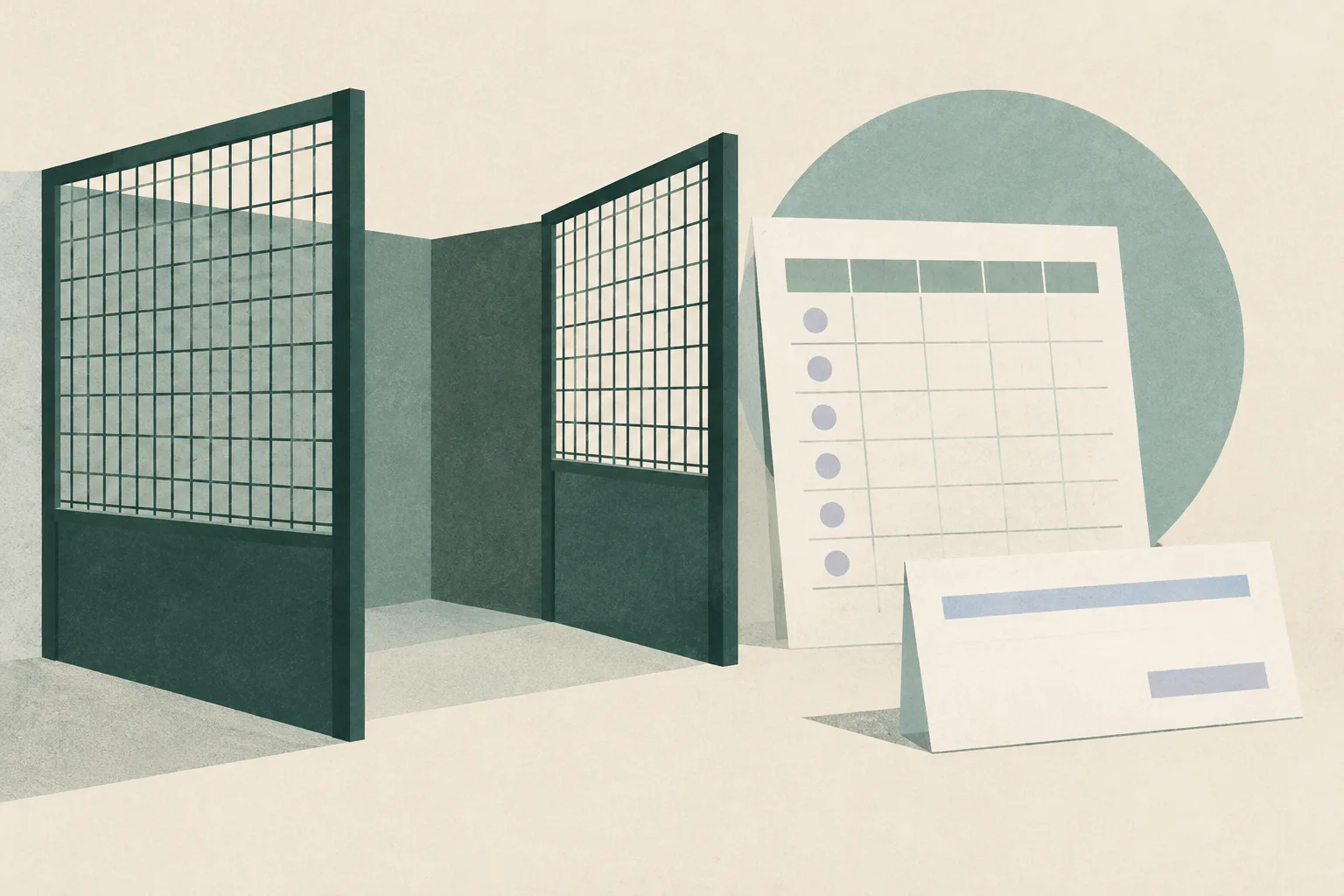 An abstract kennel divider beside a blank work schedule and a plain compensation slip on a cream background.