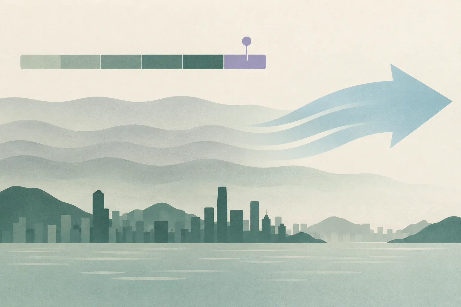 A sparse abstract air-quality diagram shows a 10+ marker in a severe band, layered still air, and a broad curved airflow shape.