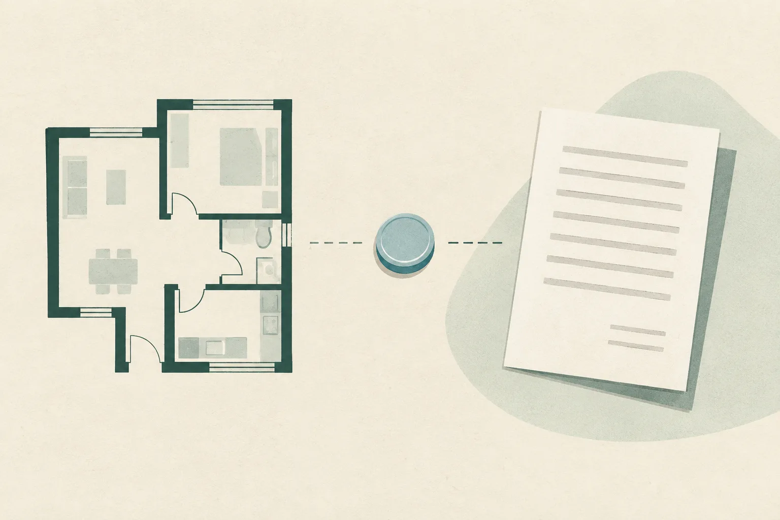 A generic apartment plan and a blank tenancy sheet sit apart on a cream field, linked by a fine interrupted line to a small deposit disc.