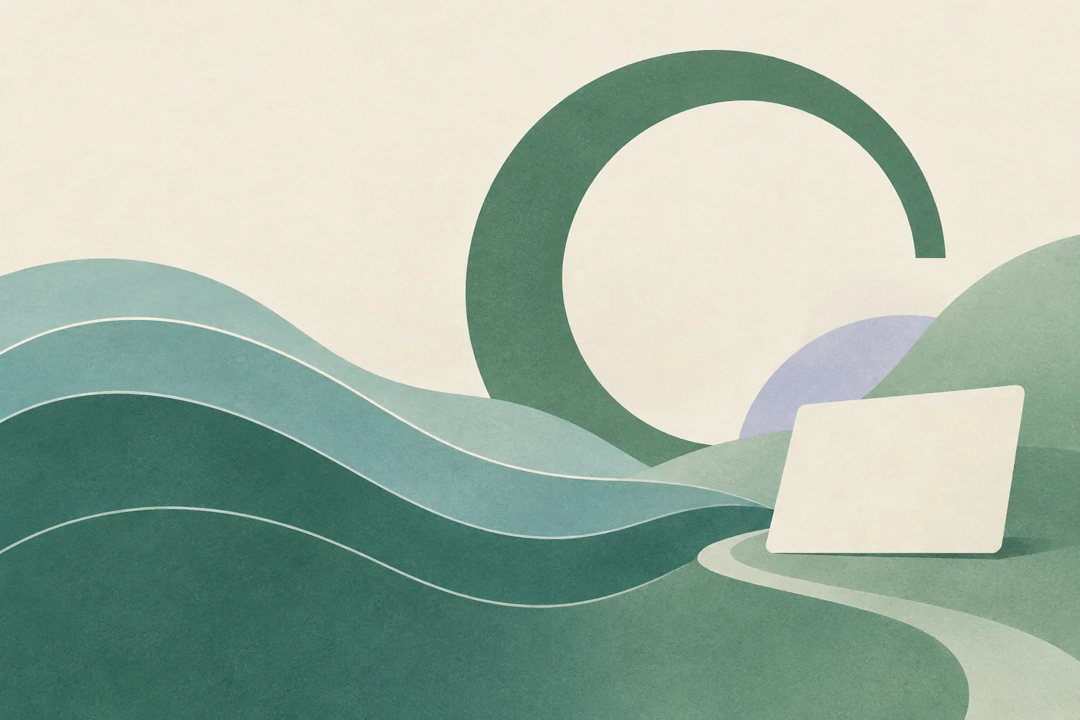 Soft green and cream abstract panels with gentle wave lines, an open circle and a small blank card.