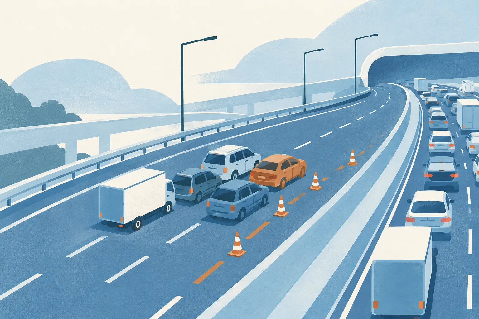 An abstract pale-blue highway ribbon with five small vehicle shapes and a single lane interrupted, rendered with crisp architectural linework on a light ground.
