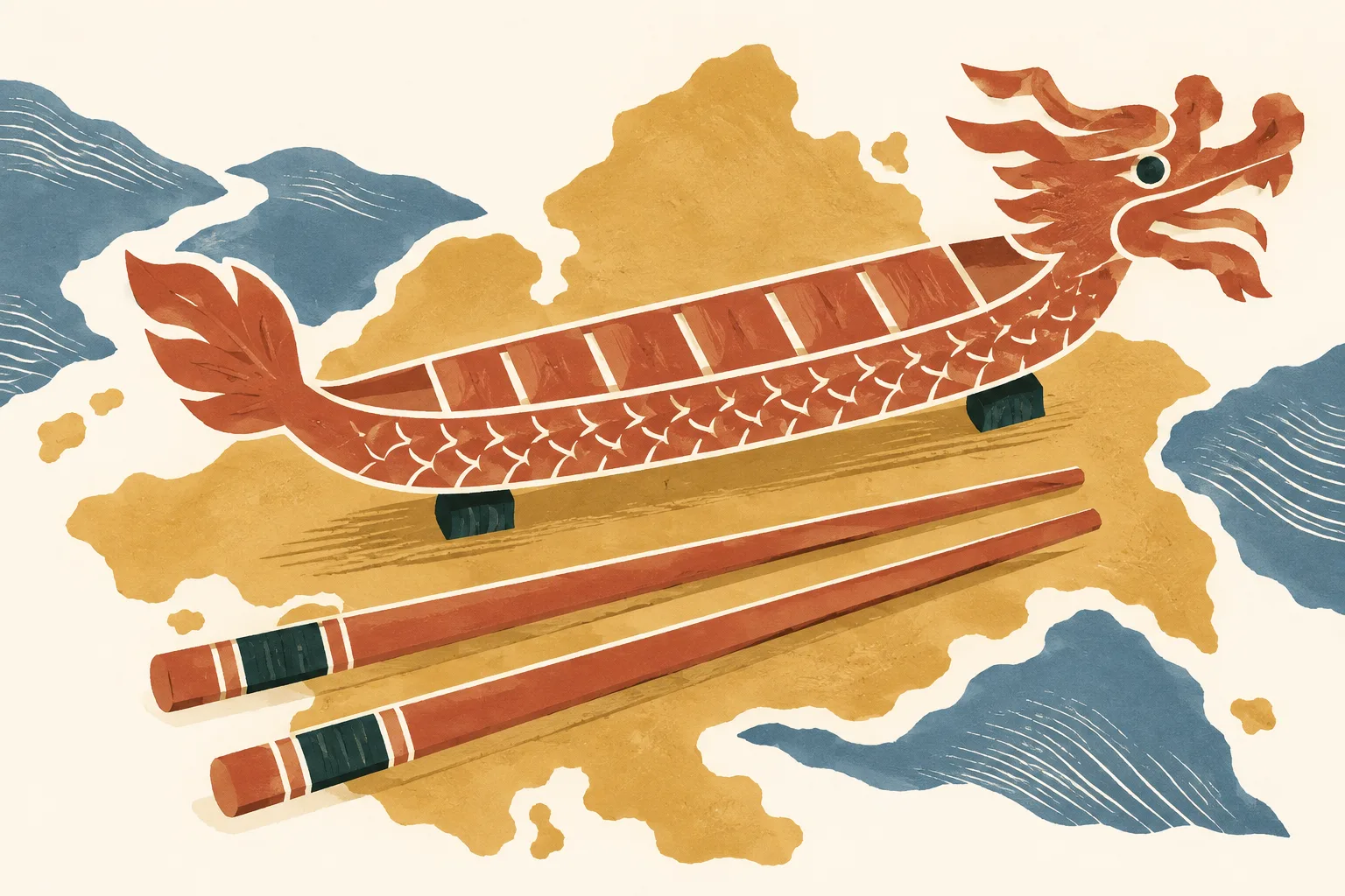 A pair of chopsticks and a simple elongated boat form sit on layered abstract island-shaped paper, in terracotta, ochre, cream and slate blue.
