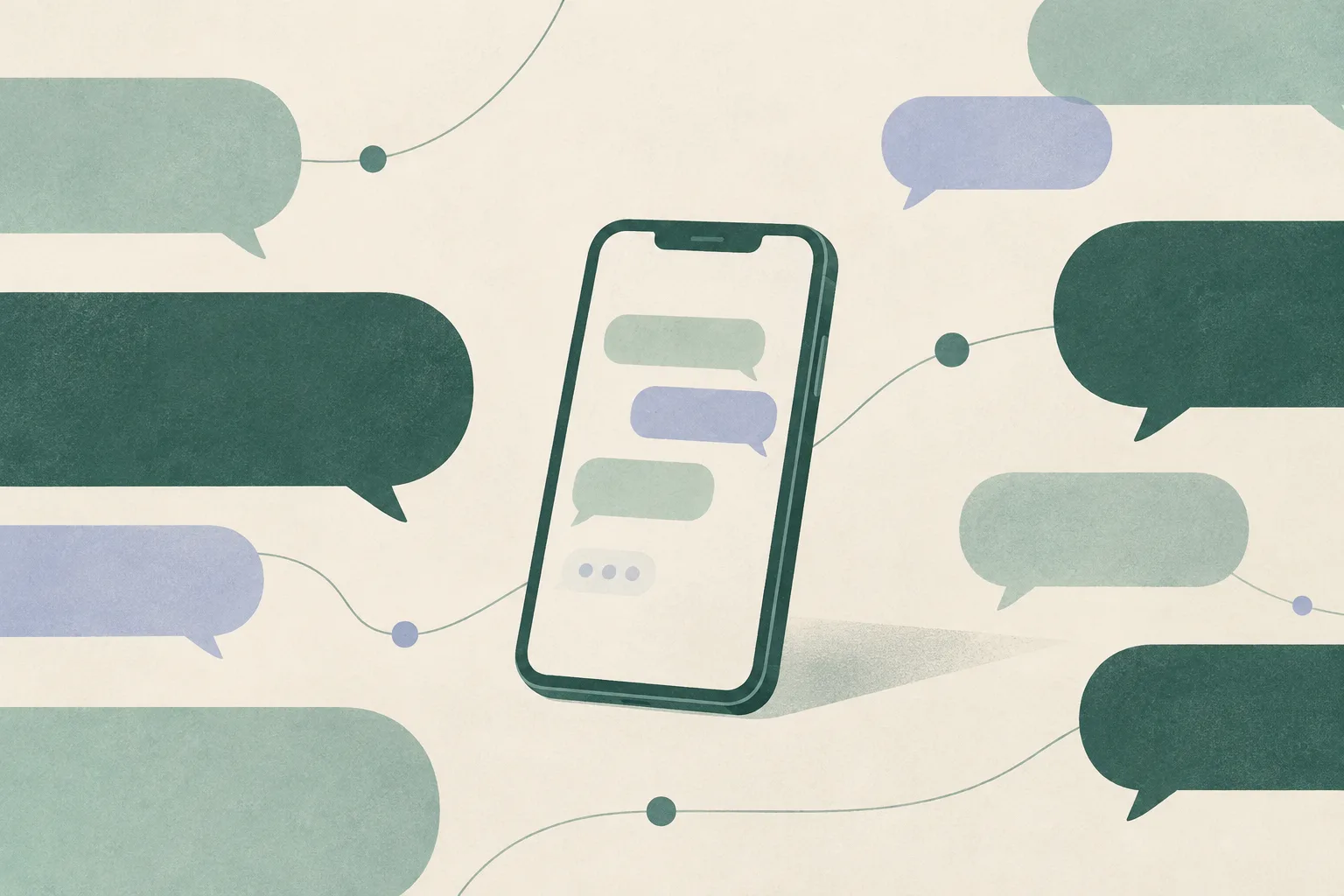 A simple phone surrounded by a few muted, abstract chat shapes, with a small gap between them on a spacious cream background.