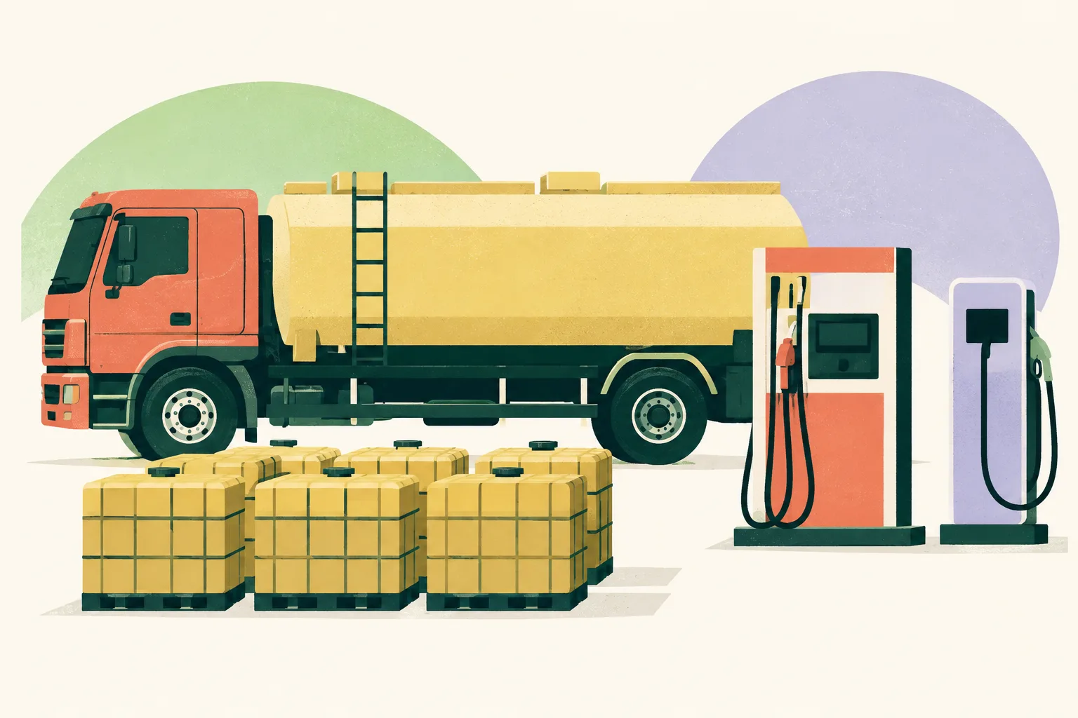 A generic truck silhouette, fuel dispenser and electric pump arranged as simple cut-paper shapes beside a few petrol-coloured blocks on a light background.