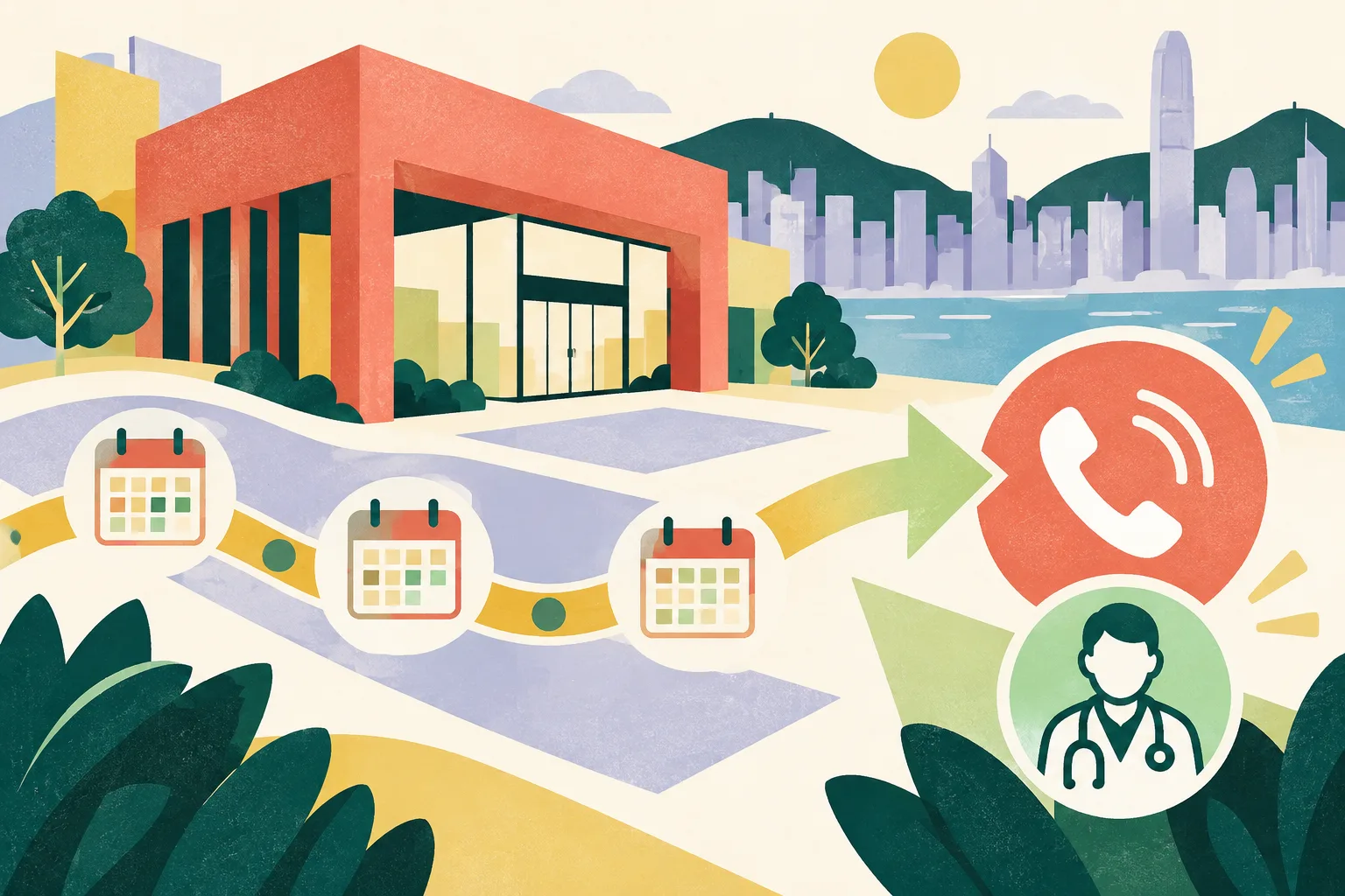 A generic block-shaped venue and a public-health advice symbol are linked by a simple timeline path on a light ground, with balanced cut-paper shapes and subtle print texture.