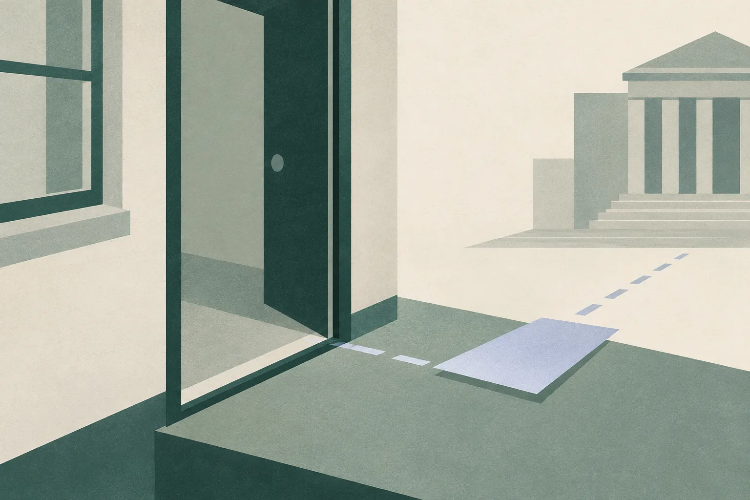 An abstract residential threshold in muted green and cream, with an interrupted line beside a blank rectangular plane.