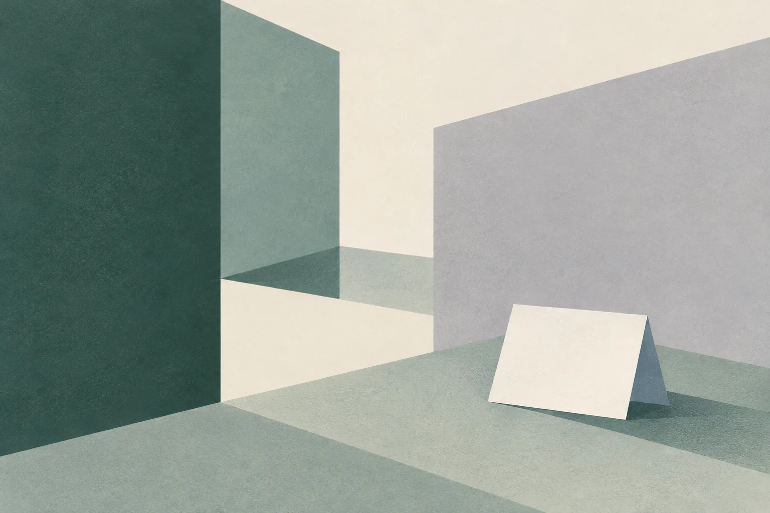 Quiet overlapping cream and muted teal planes surround a small blank card, with generous open space.
