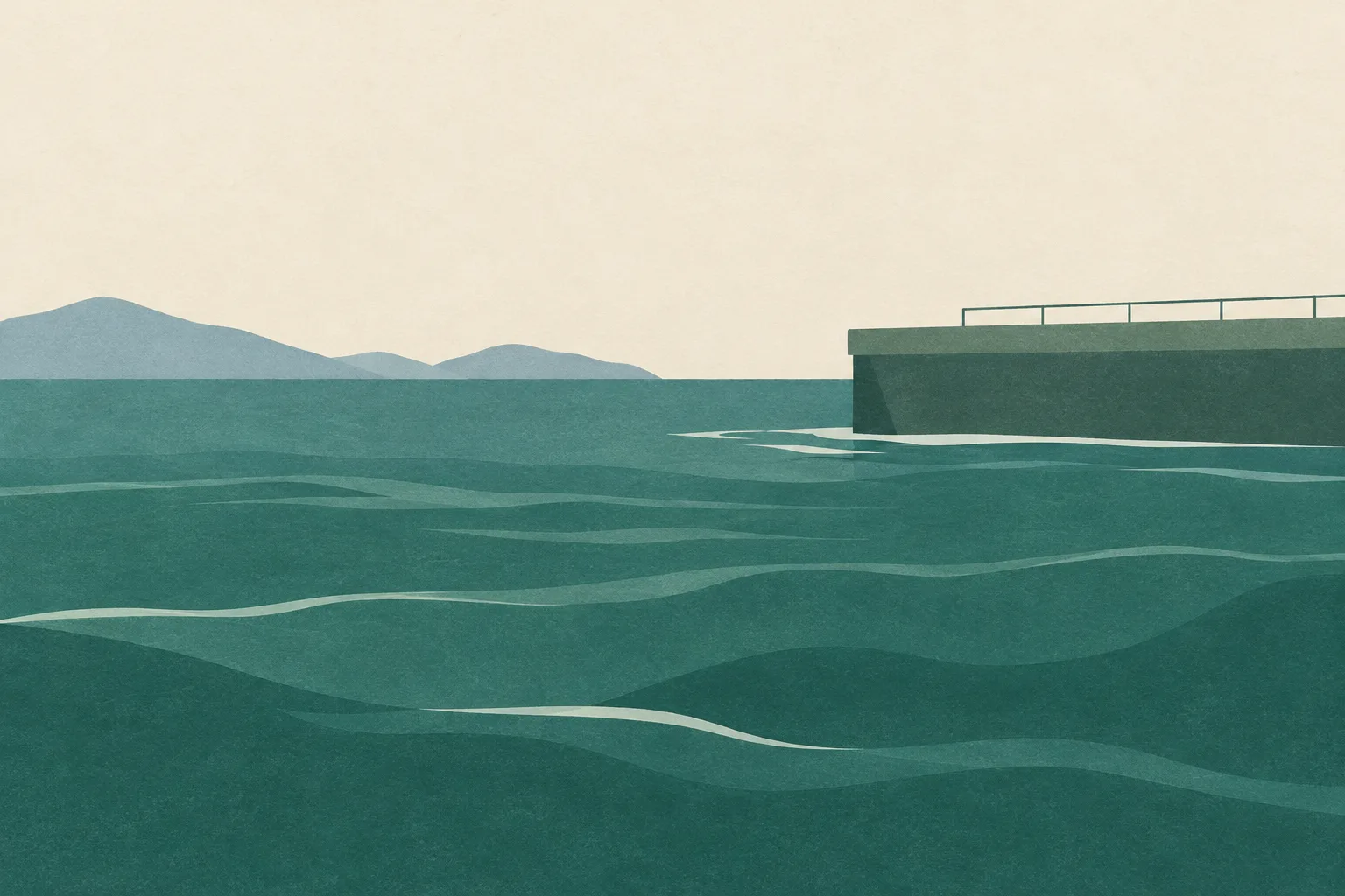 Sparse abstract illustration of muted teal water meeting a cream shore, with a small interruption in the waterline.