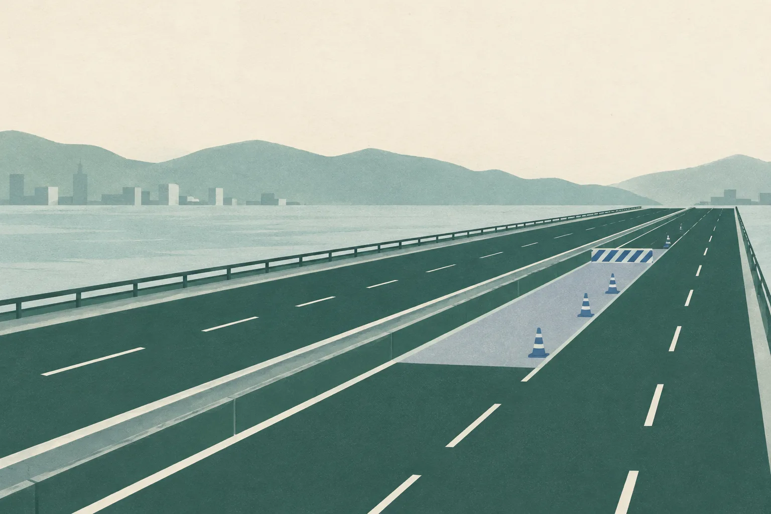 Sparse abstract illustration of parallel bridge-road bands, with one band interrupted while the others continue.