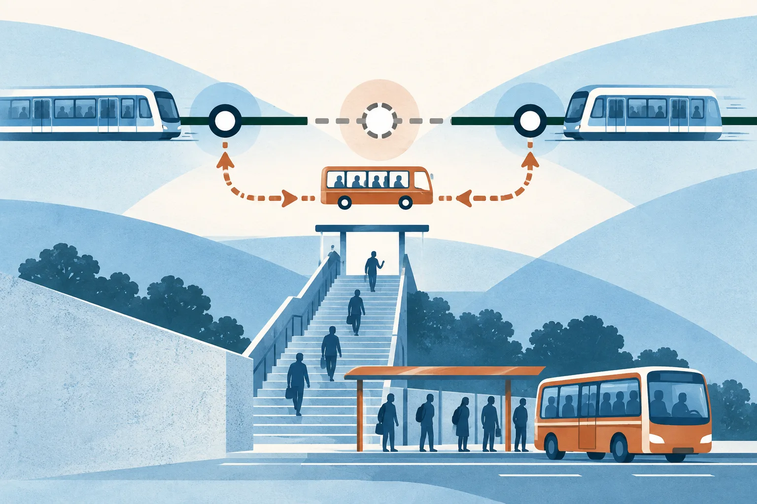 An abstract transit diagram shows a gap in a blue rail line, a shuttle link between two route points, and a separate stair motif leading toward the shuttle stop.