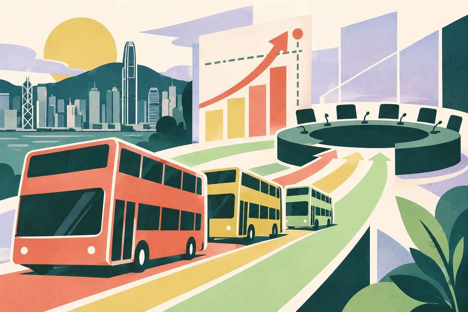 Three simplified buses move along geometric lanes toward an abstract discussion table, beside a rising fare graphic that ends at an open point.