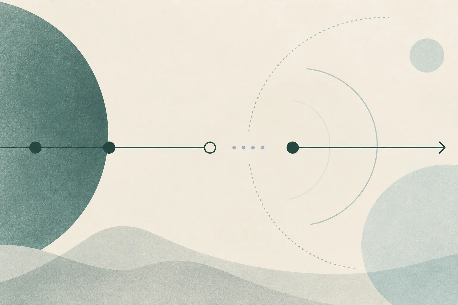 A pale cream field with muted green abstract arcs and a thin line that pauses before continuing into open space.