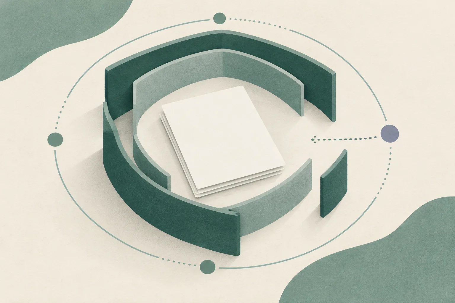 Muted green and cream abstract panels form an interrupted boundary around a plain, unmarked review document.