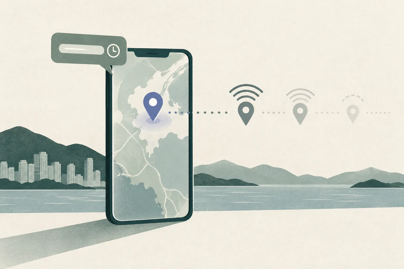 A muted phone-shaped panel sits beside a small time marker, with an abstract dotted location signal fading into open cream space.