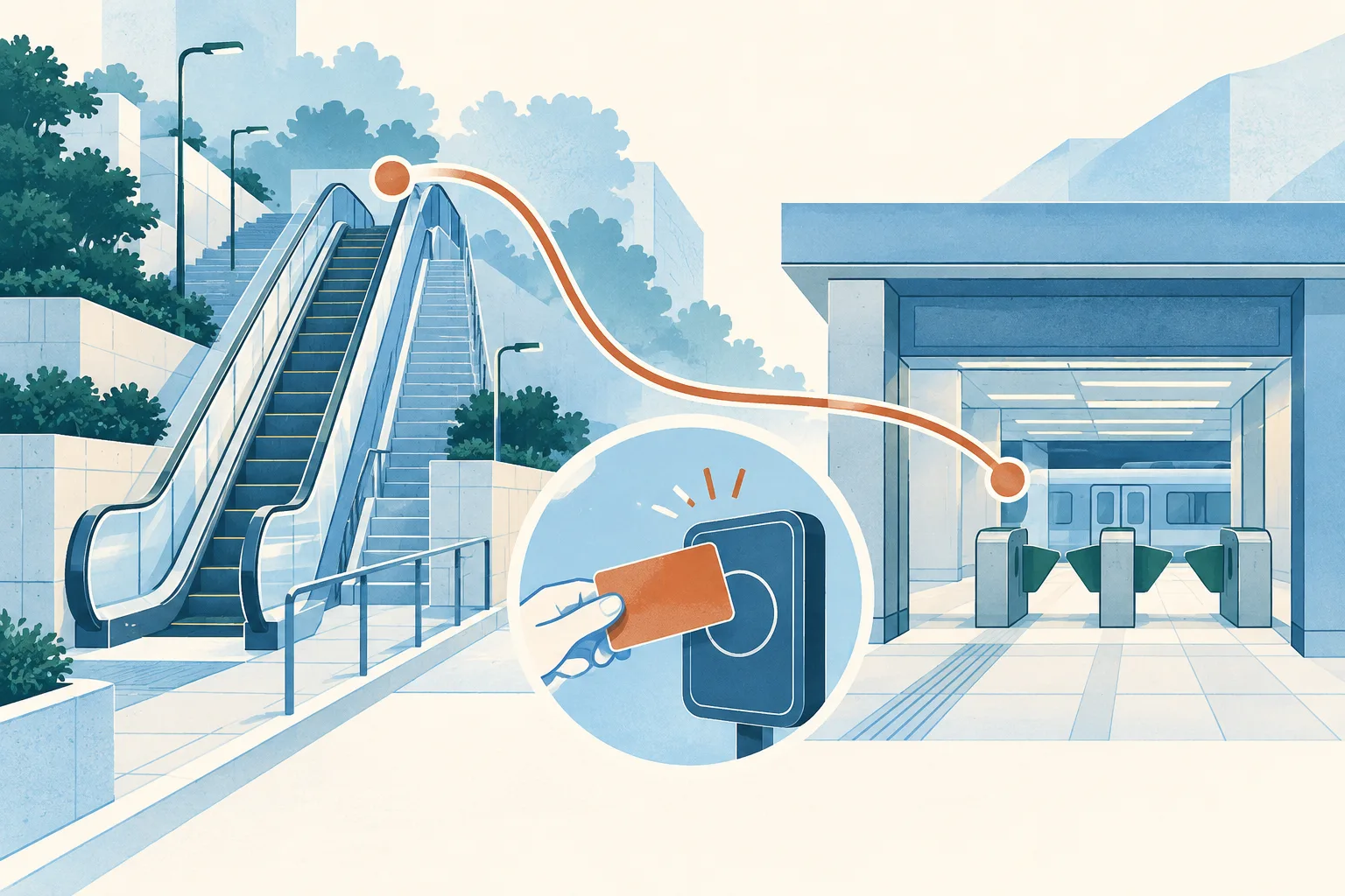 A generic escalator rises from a simple street-level path toward a railway entrance, beside a fare card and tap reader, with a route line linking the forms.