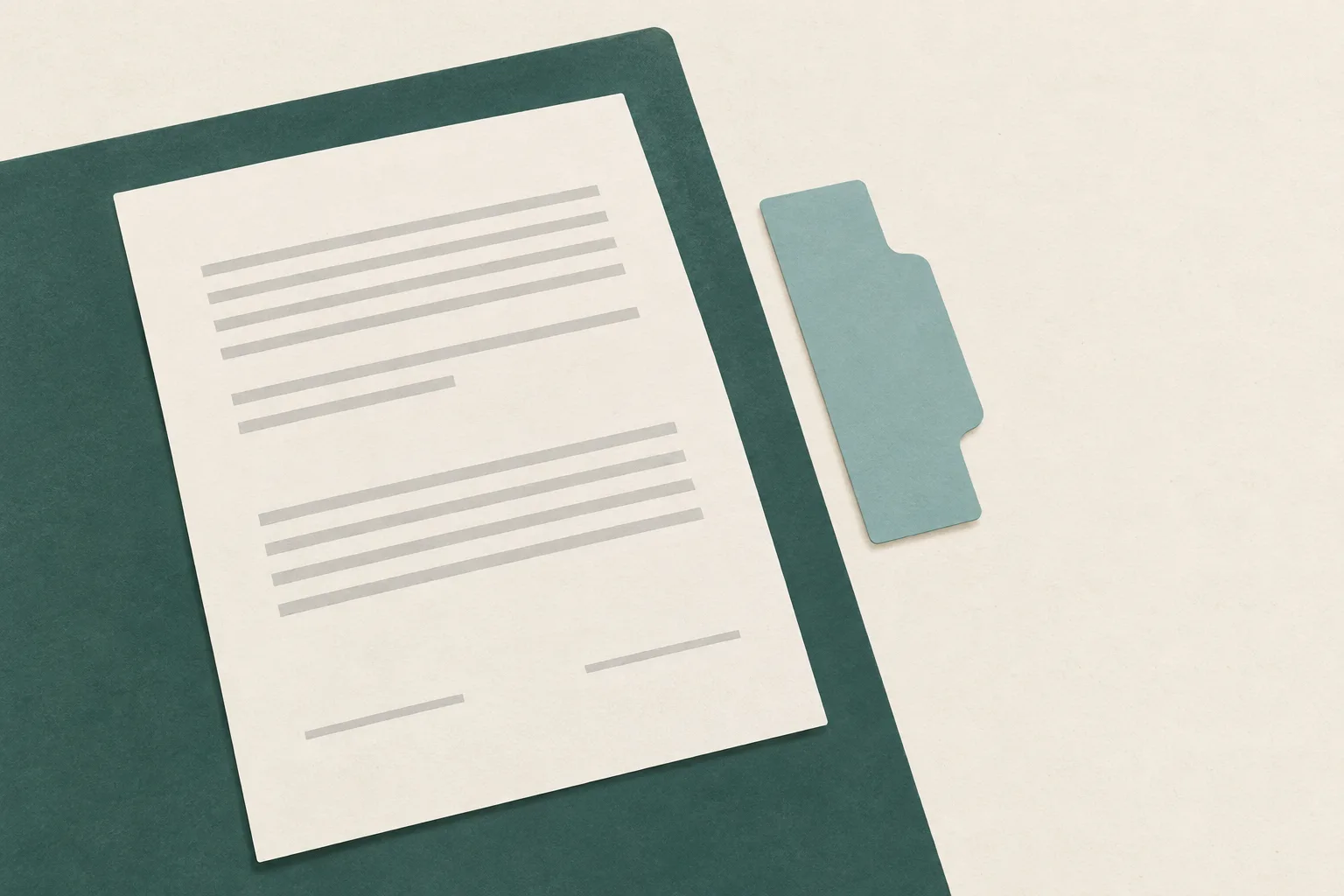 A plain cream contract sheet lies beside a small blank paper tab, separated by a narrow gap on a muted green surface.
