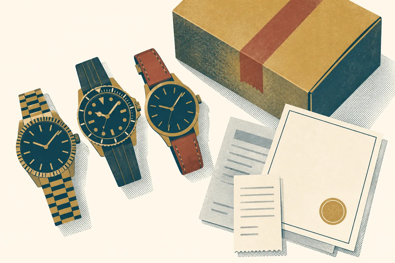 A top-down illustration of generic watches, a plain parcel and blank document shapes arranged on a cream surface in petrol blue, ochre and small rust accents.