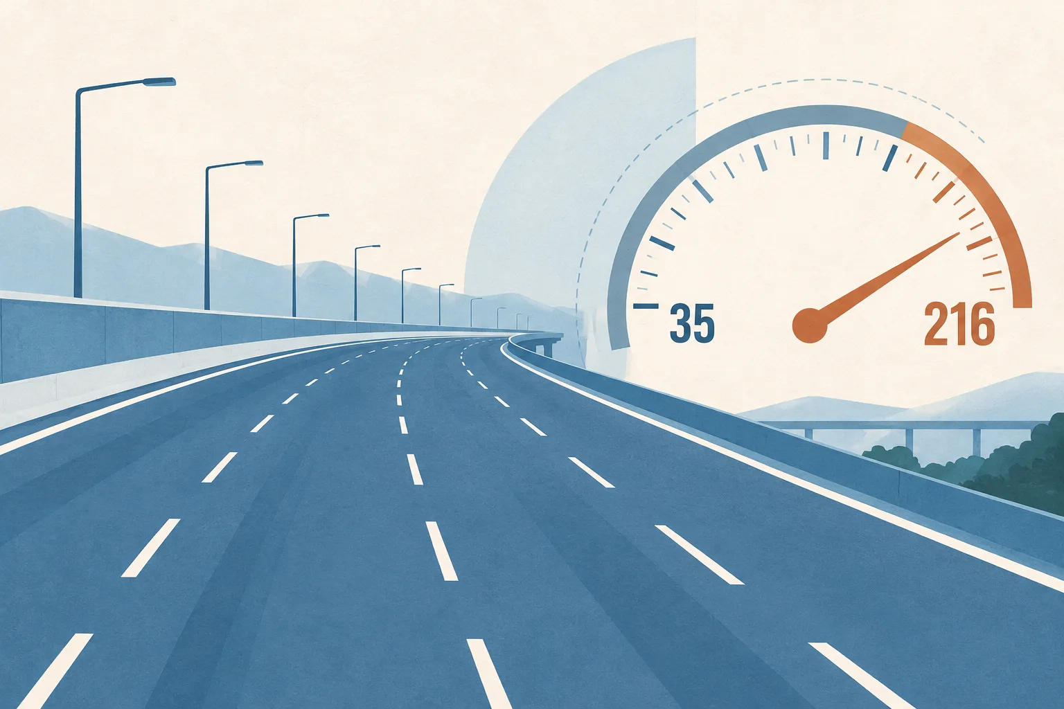 An abstract road-lane diagram beside a simple speed scale marked 35 and 216, rendered in light blue linework on cream.