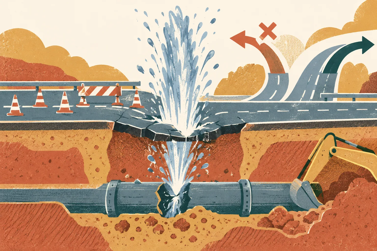 A layered cutaway shows a dipped road above a broken underground pipe, a tall blue water shape, and simplified route lines indicating a closure and an alternative.