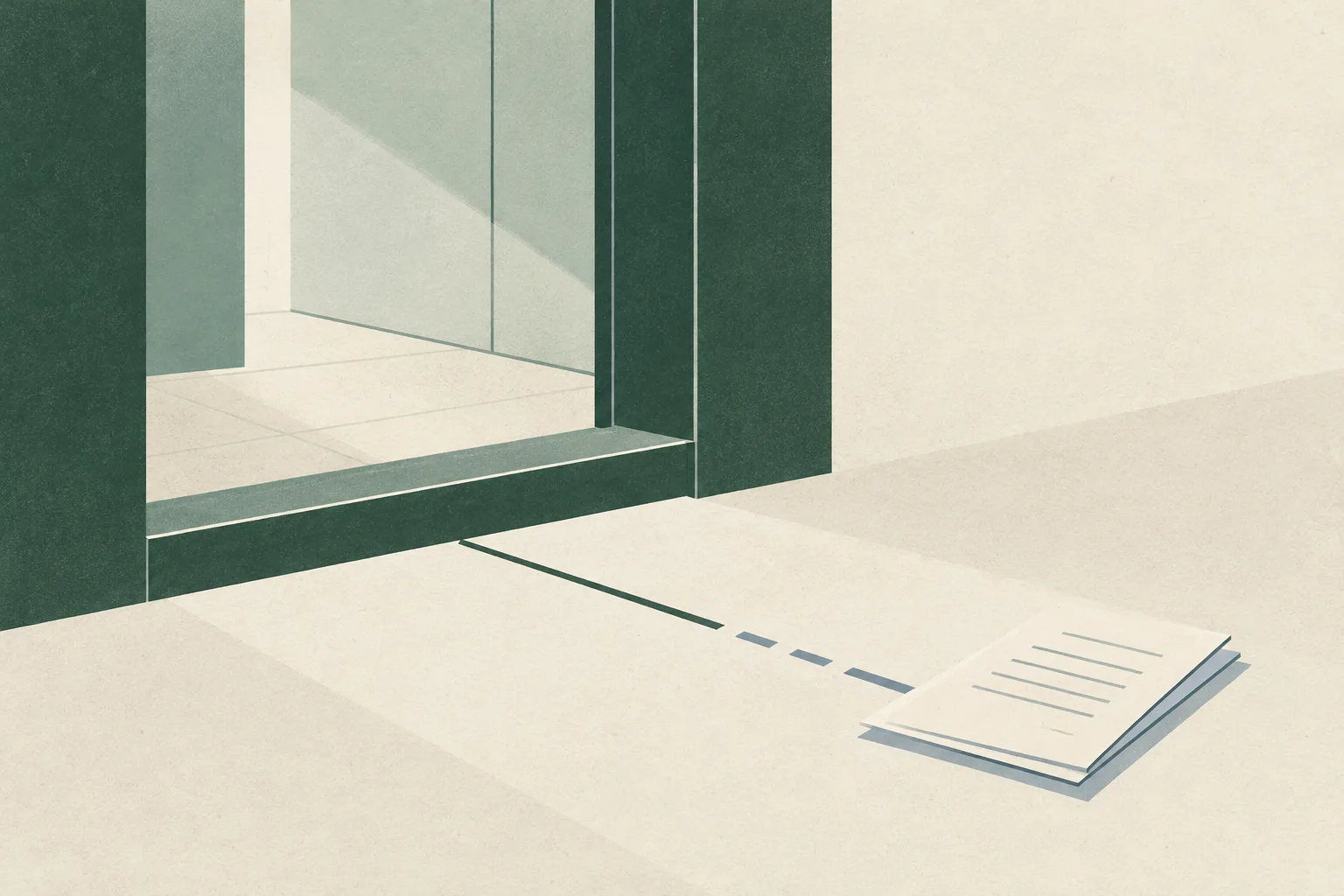 A quiet abstract composition pairs a simple, unoccupied threshold with a small unmarked court document, separated by a fine interrupted line.