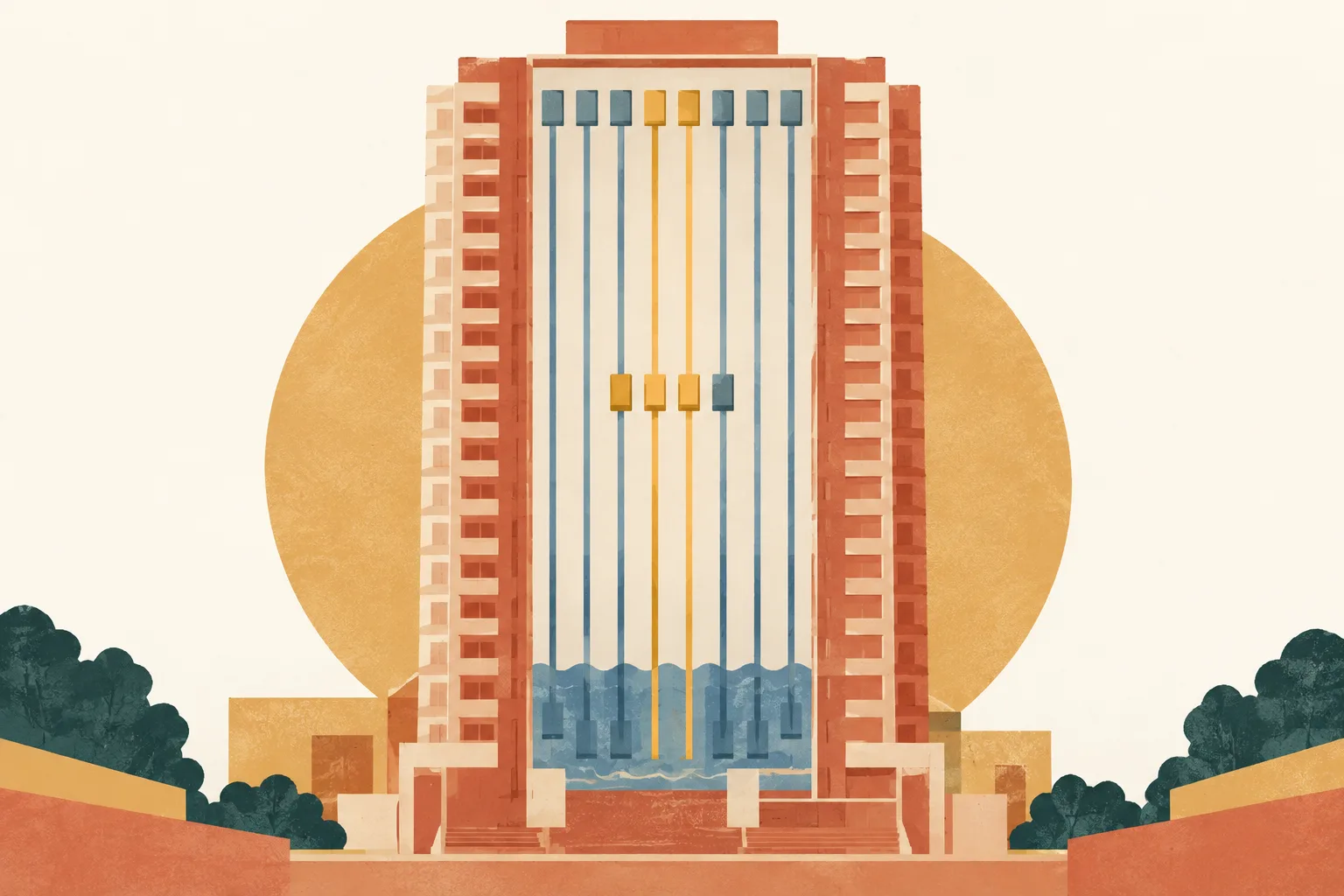 A simplified terracotta residential tower contains eight vertical lift-shaft lines. A small blue water shape reaches their lower ends, while three lines are highlighted in ochre.