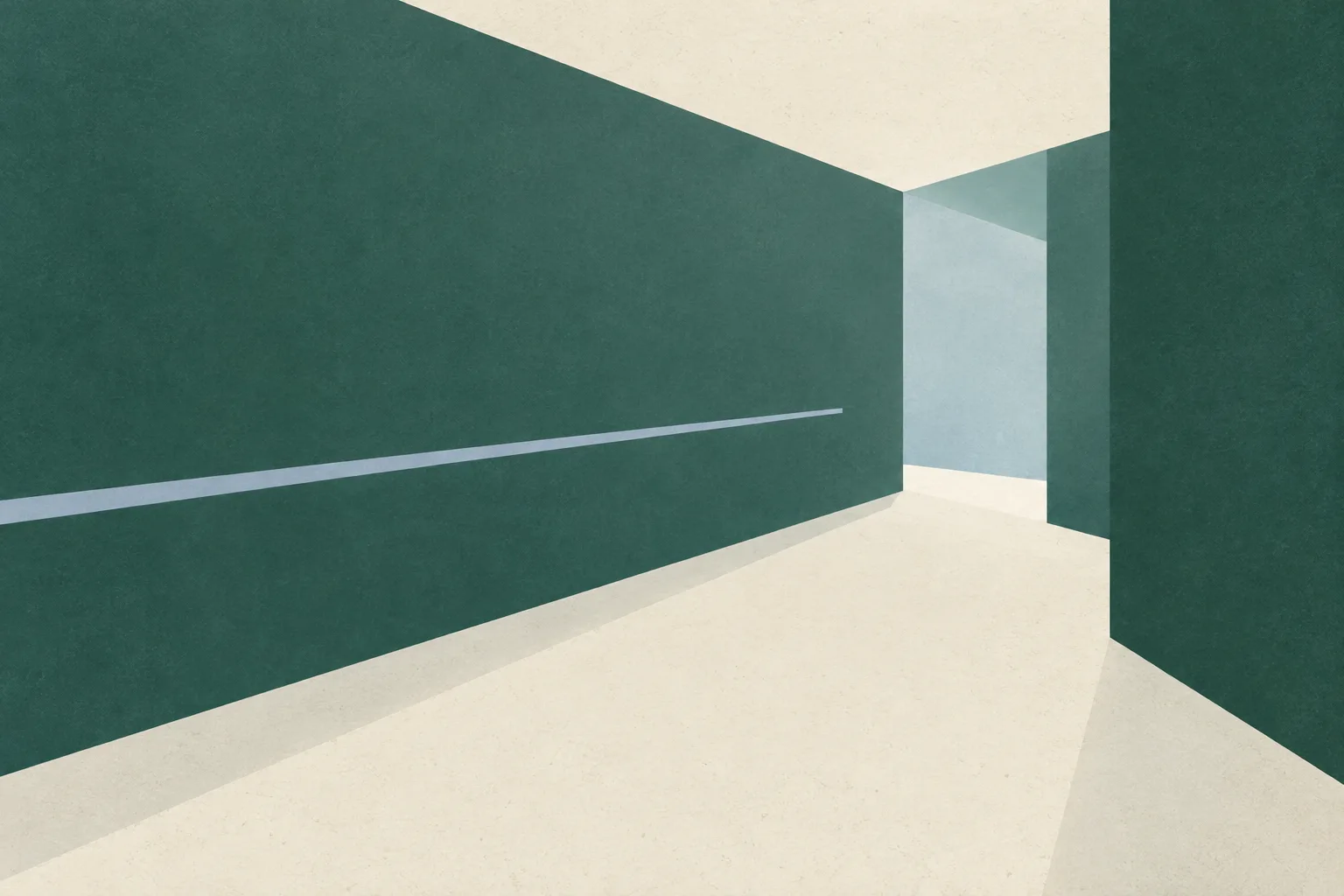 Two muted architectural planes suggest an empty passage, with a fine line stopping short of a pale opening.