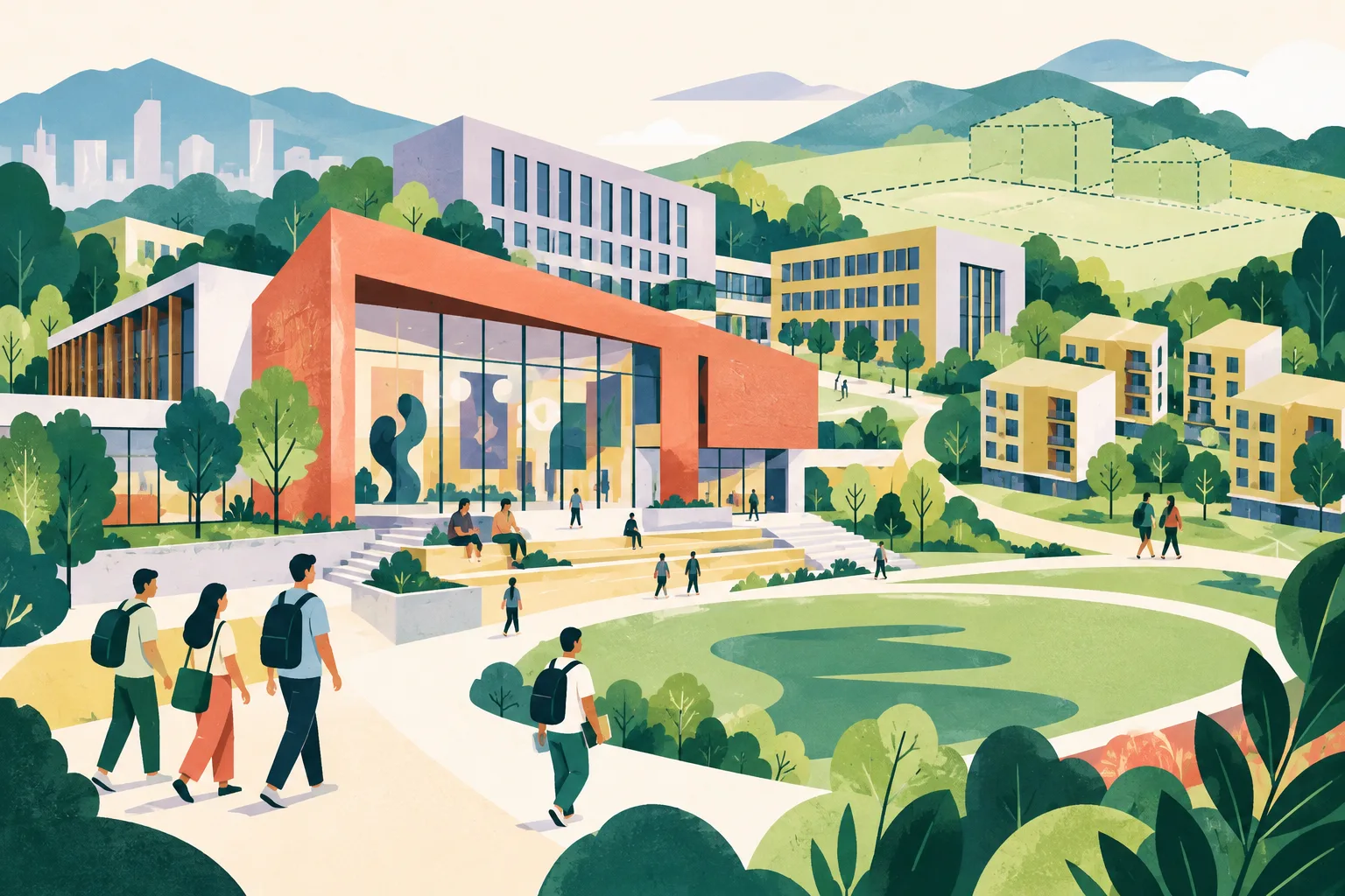 A colourful abstract campus plan links a cultural learning building with university blocks and a smaller cluster of student accommodation, leaving open space for possible future development.